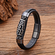 Bracelet homme en microfibre noire avec plaque tibétaine noire et blanche, fermoir aimanté acier inoxydable.