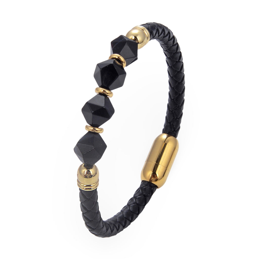 Bracelet homme microfibre noir tressé avec pierres naturelles noires facettées et détails dorés.