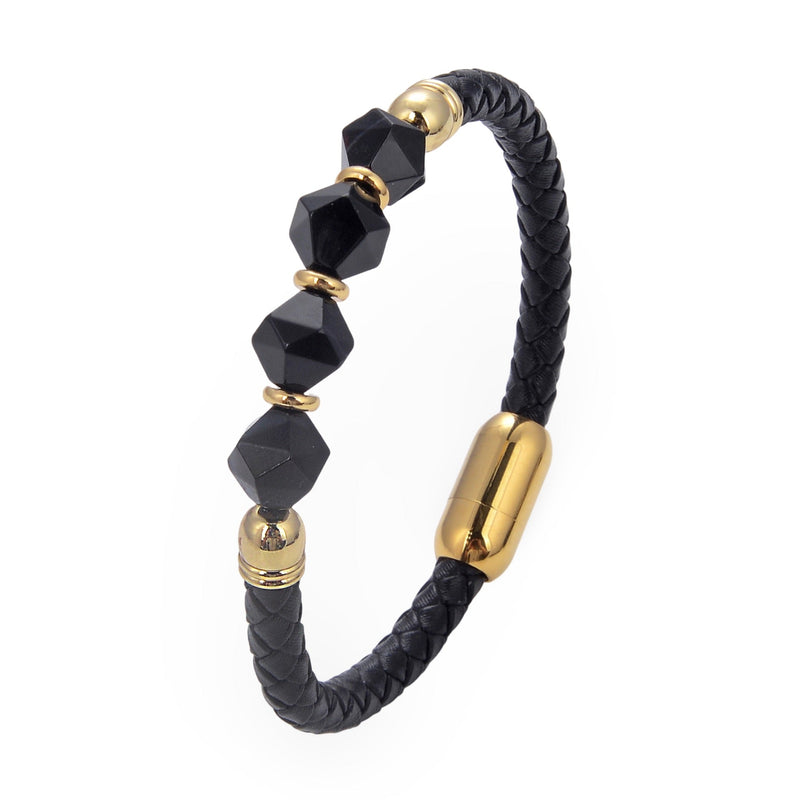 Bracelet homme microfibre noir tressé avec pierres naturelles noires facettées et détails dorés.