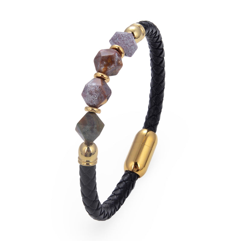 Bracelet homme en microfibre noire tressée avec pierres naturelles brunes et grises, fermoir doré.