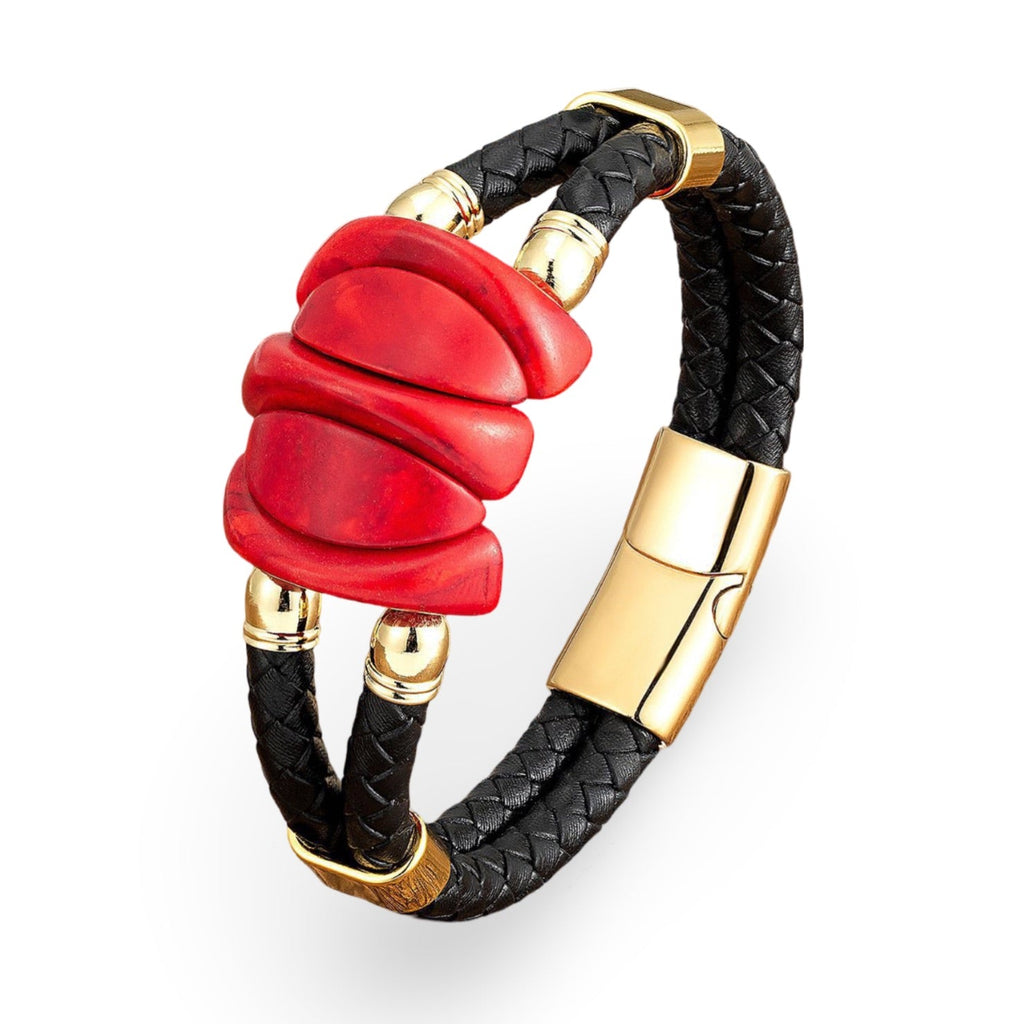 Bracelet homme microfibre noir tressé avec ornement turquoise rouge et fermoir doré brillant.