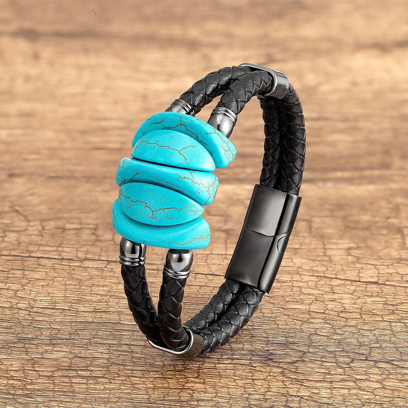 Bracelet homme en microfibre noire tressée avec trois pierres turquoise et fermoir métallique noir mat.
