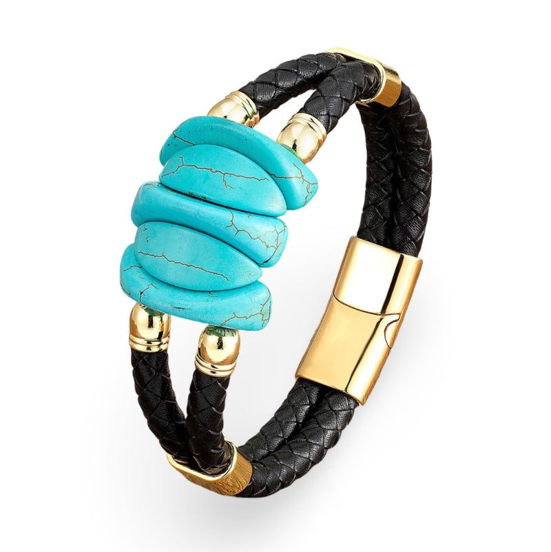 Bracelet homme en cuir noir tressé avec grosses perles turquoise et fermoir or brillant.