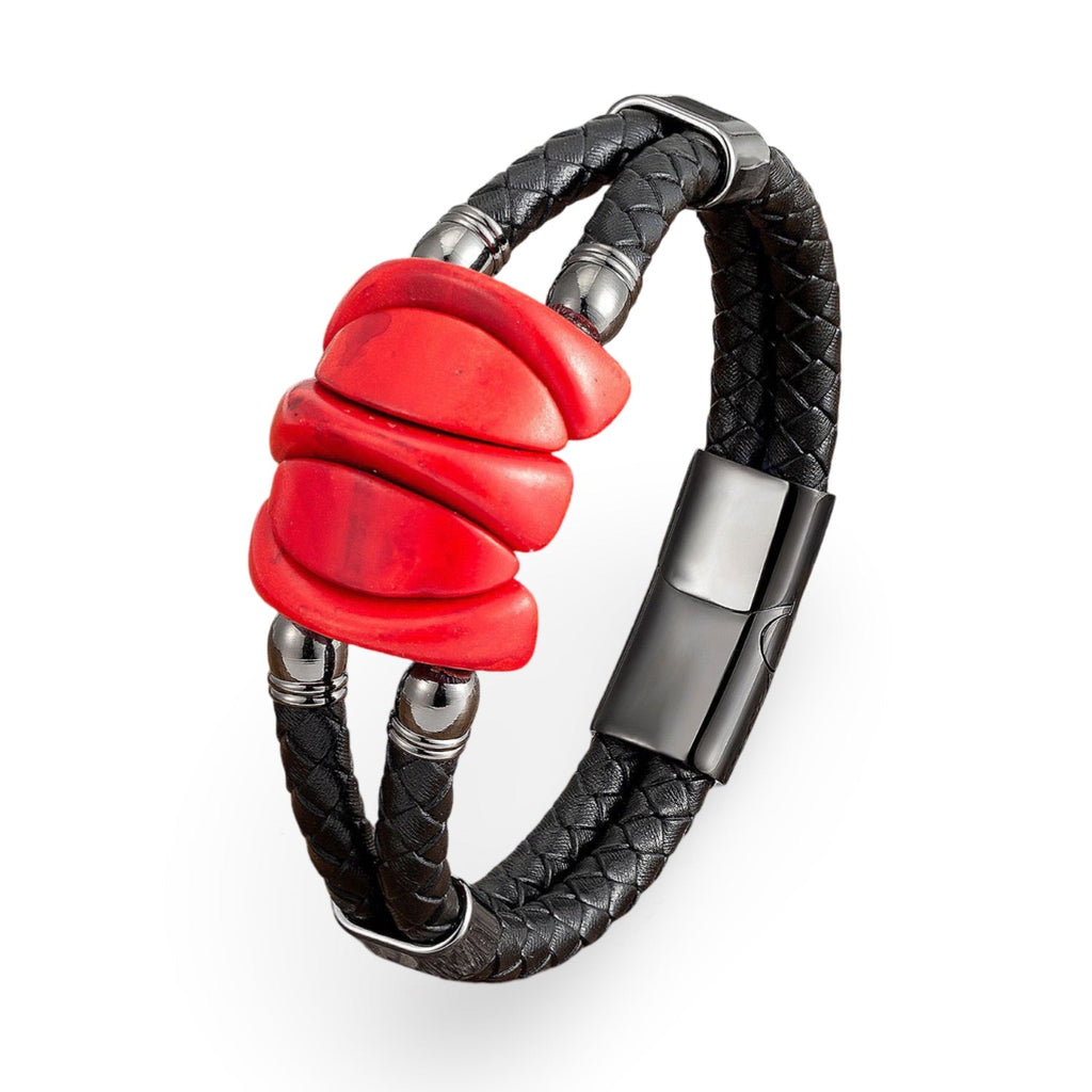 Bracelet homme en microfibre tressée noire avec gros détails rouges en forme de plaques et fermoir métal gris.