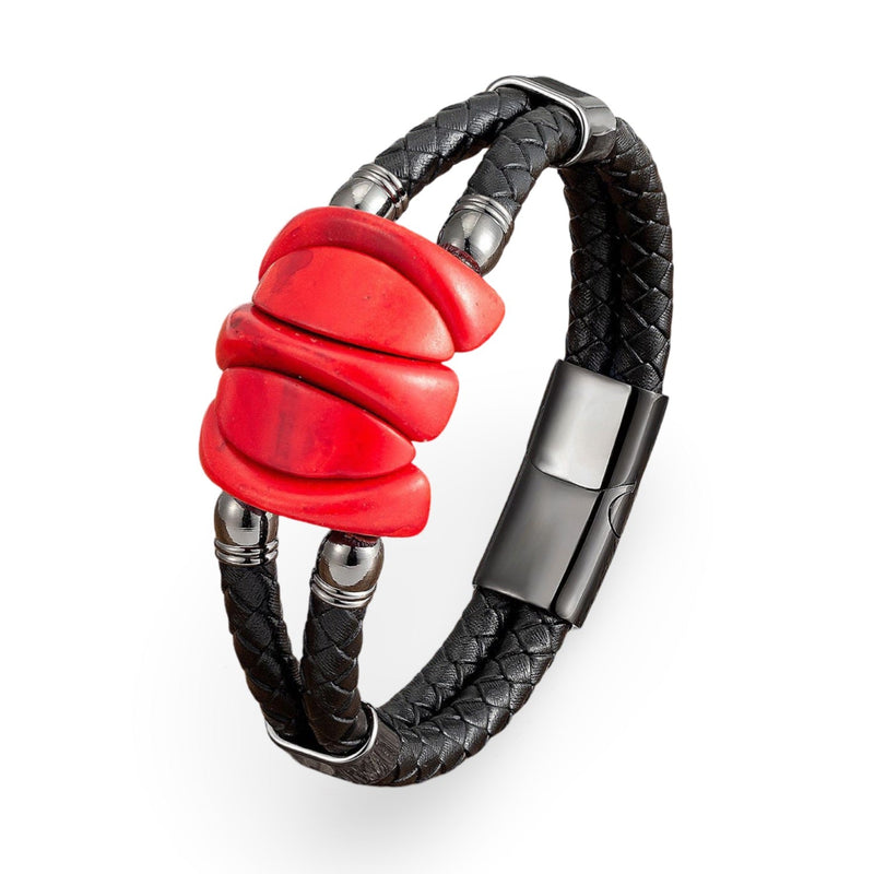 Bracelet homme en microfibre tressée noire avec gros détails rouges en forme de plaques et fermoir métal gris.