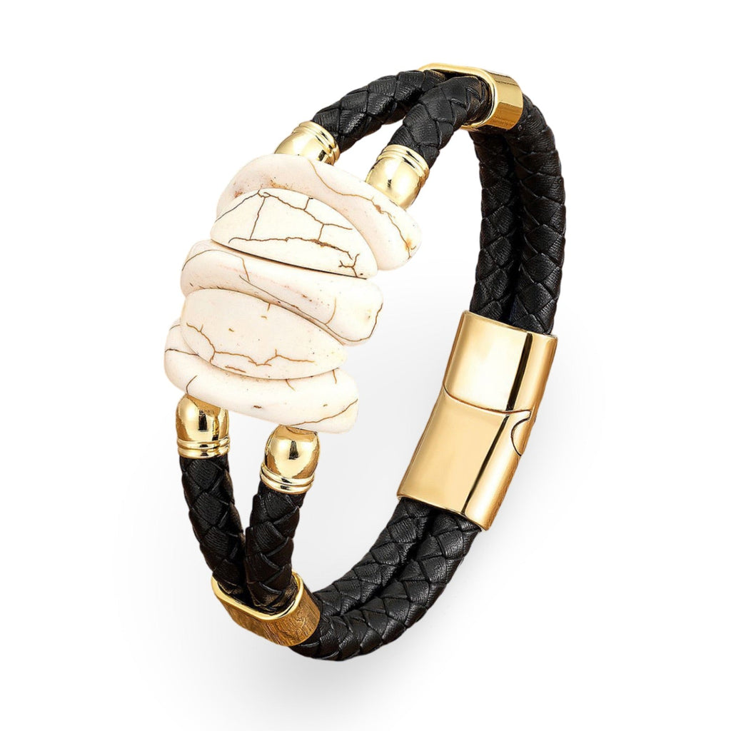 Bracelet homme en microfibre noire tressée avec pierres turquoise blanches et fermoir doré élégant.