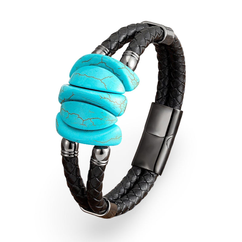 Bracelet homme microfibre noir tressé avec trois perles turquoise décoratives et fermoir noir mat.