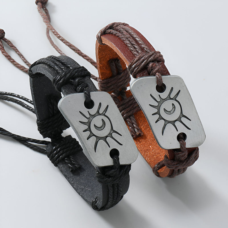 Bracelet en microfibre noir avec plaque en métal gravée symbole soleil-lune, style masculin  .