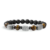 Bracelet homme en pierres naturelles noires, agate grise et œil de tigre, design Berlin minimaliste.