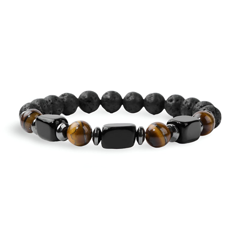 Bracelet homme avec perles noires en pierre lavique, œil de tigre et agate noire brillante.