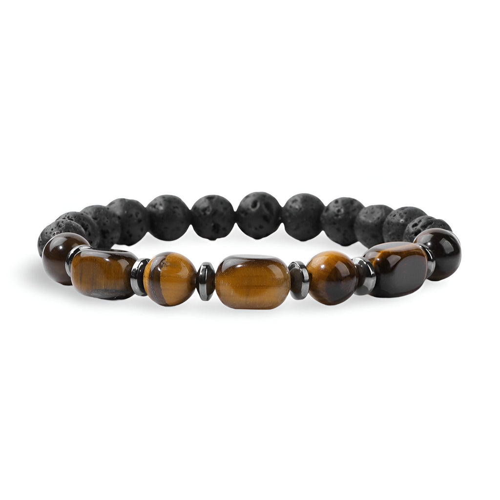 Bracelet pour homme en pierres naturelles noires et œil de tigre polies, design Berlin.