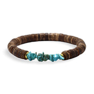 Bracelet homme en noix de coco avec pierres naturelles bleu turquoise et détails dorés.