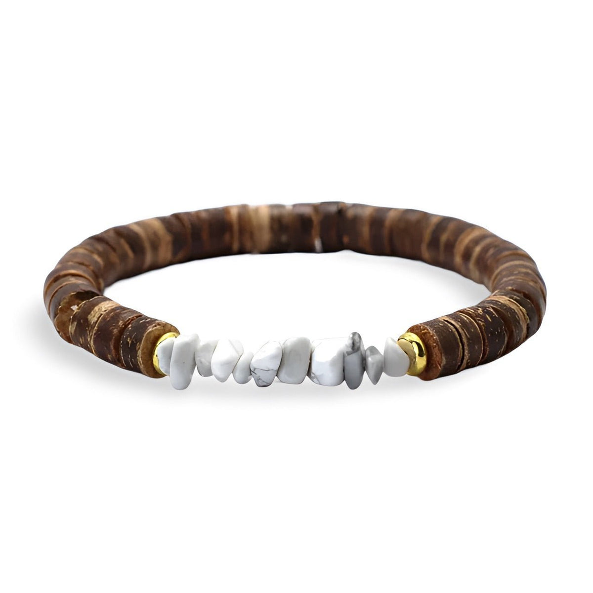 Bracelet homme en noix de coco avec pierres naturelles howlite blanche et détails dorés.
