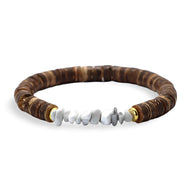 Bracelet homme en noix de coco avec pierres naturelles howlite blanche et détails dorés.