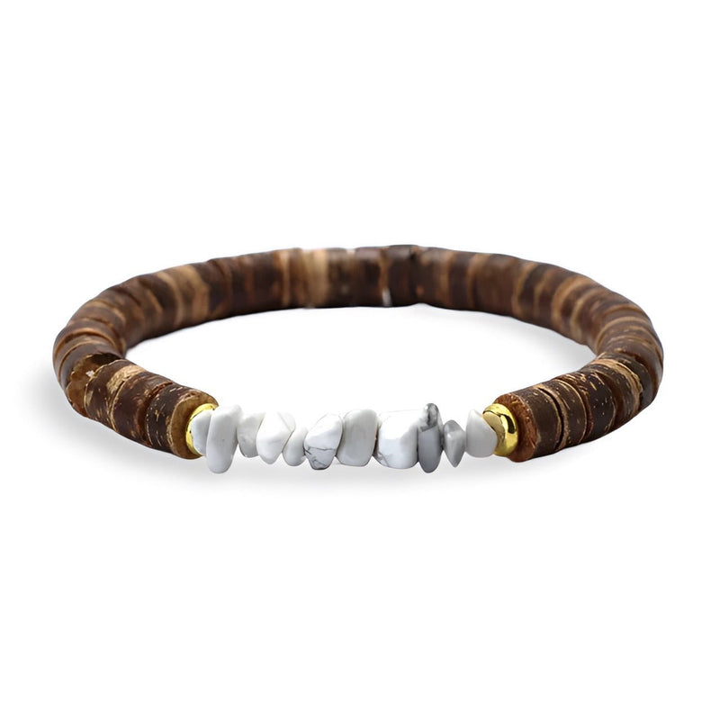 Bracelet homme en noix de coco avec pierres naturelles howlite blanche et détails dorés.