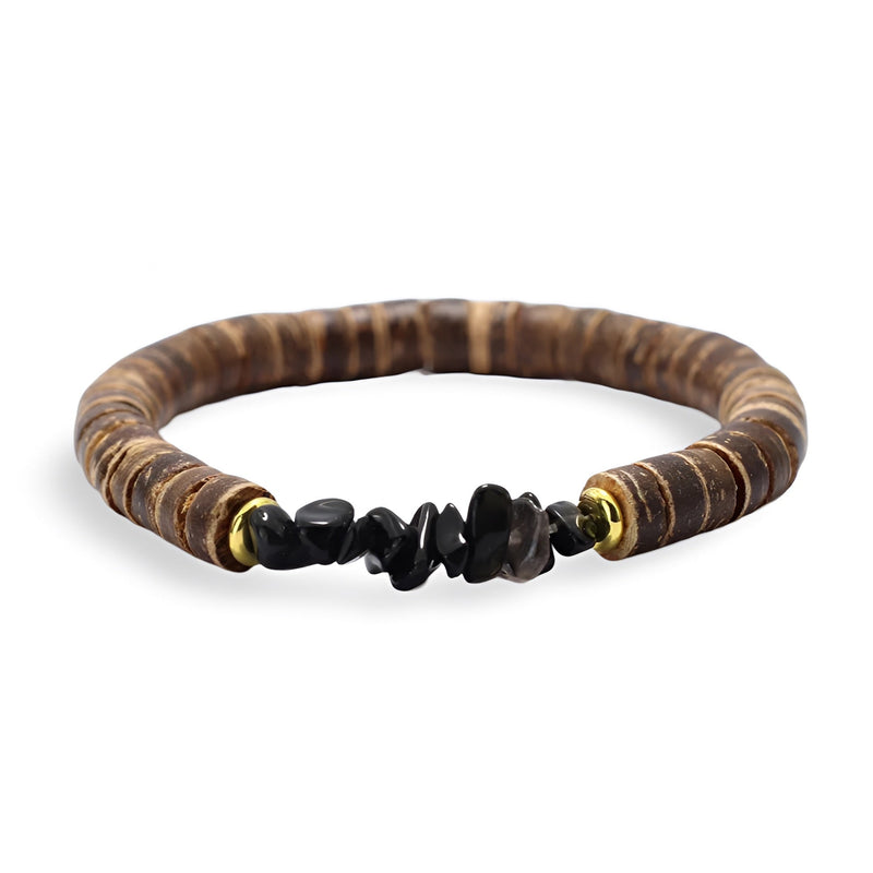 Bracelet homme en noix de coco avec pierres noires irrégulières et accents dorés.