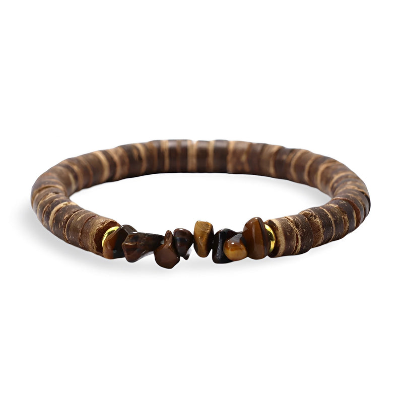 Bracelet homme en noix de coco brun avec pierres naturelles et détails en bois foncé.