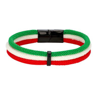 Bracelet en nylon tricolore vert, blanc et rouge avec fermoir noir brillant.