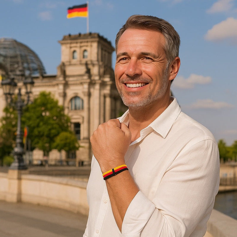 Bracelet en nylon aux couleurs du drapeau allemand noir, rouge et jaune, modèle Stren, porté au poignet d’un homme adulte.