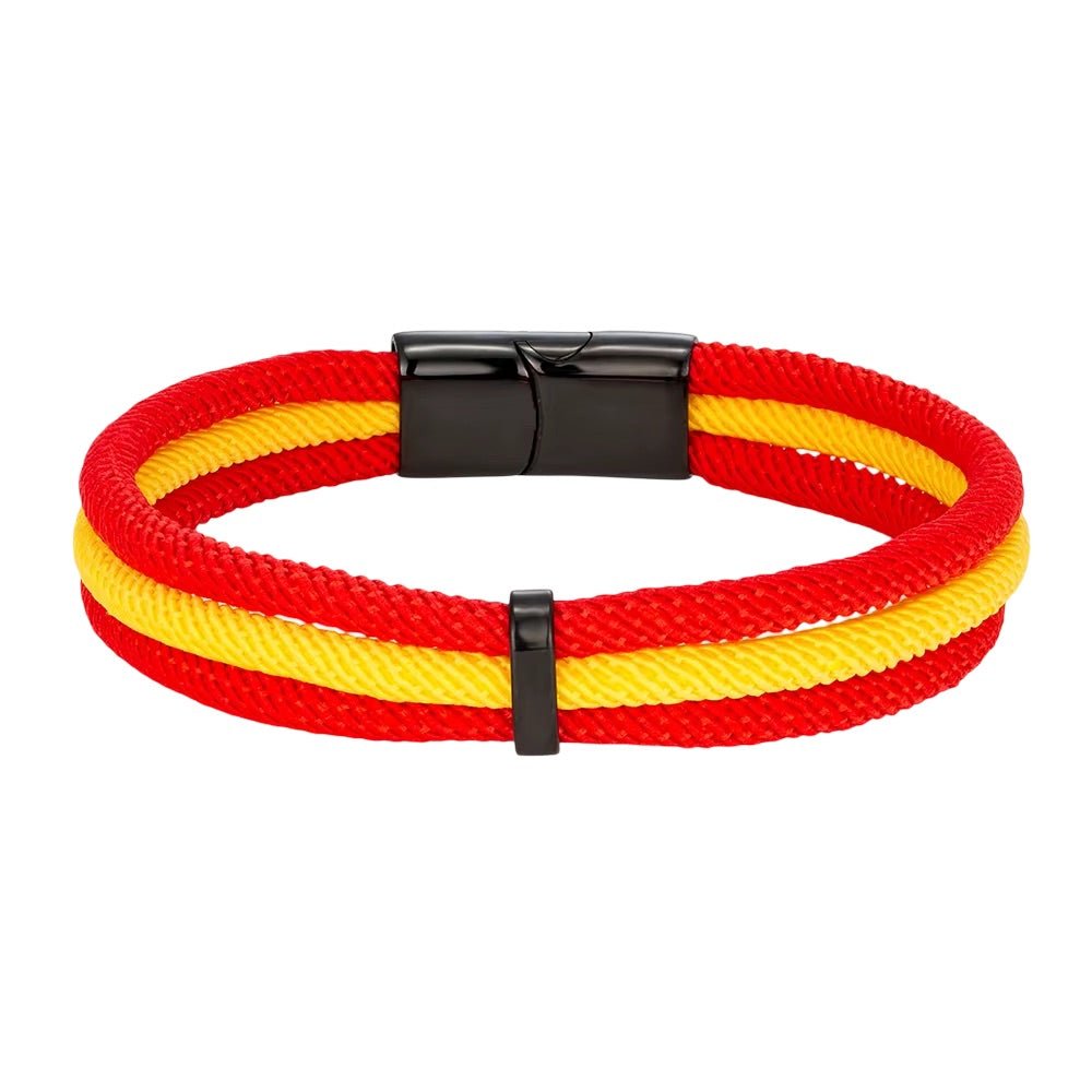 Bracelet en nylon tressé rouge et jaune avec fermoir noir brillant double boucle.