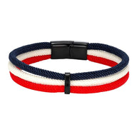 Bracelet tricolore en nylon tressé rouge, blanc, bleu avec fermeture noire magnétique.