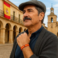Bracelet en nylon tricolore rouge et jaune, style drapeau, modèle Stren, porté au poignet d’un homme.