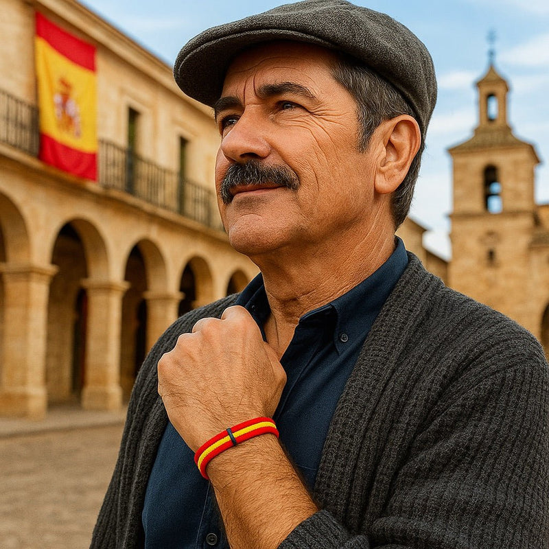 Bracelet en nylon tricolore rouge et jaune, style drapeau, modèle Stren, porté au poignet d’un homme.