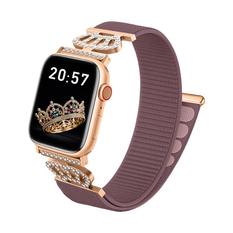 Bracelet en nylon élastique pour Apple Watch, connecteurs en acier inoxydable avec motif couronne serti de cristaux, ajustable et léger, modèle Irène