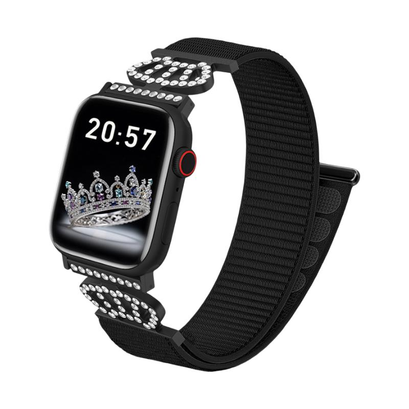 Bracelet en nylon élastique pour Apple Watch, connecteurs en acier inoxydable avec motif couronne serti de cristaux, ajustable et léger, modèle Irène