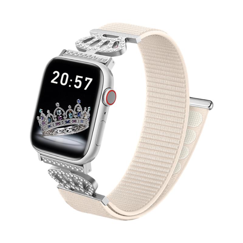 Bracelet en nylon élastique pour Apple Watch, connecteurs en acier inoxydable avec motif couronne serti de cristaux, ajustable et léger, modèle Irène