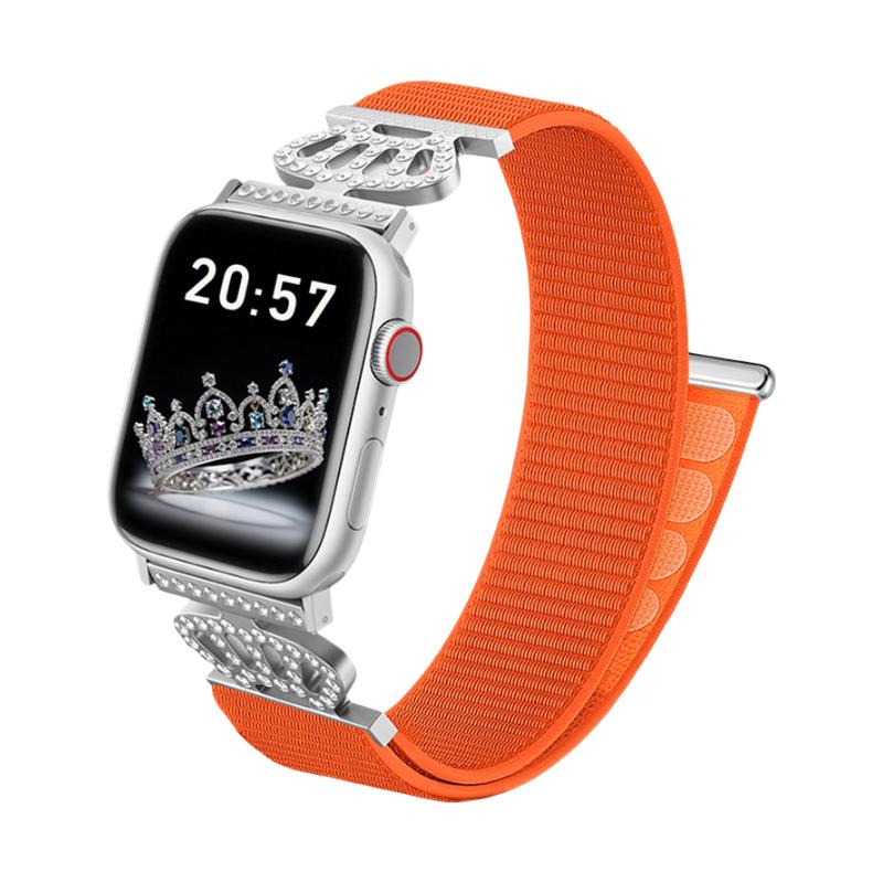 Bracelet en nylon élastique pour Apple Watch, connecteurs en acier inoxydable avec motif couronne serti de cristaux, ajustable et léger, modèle Irène