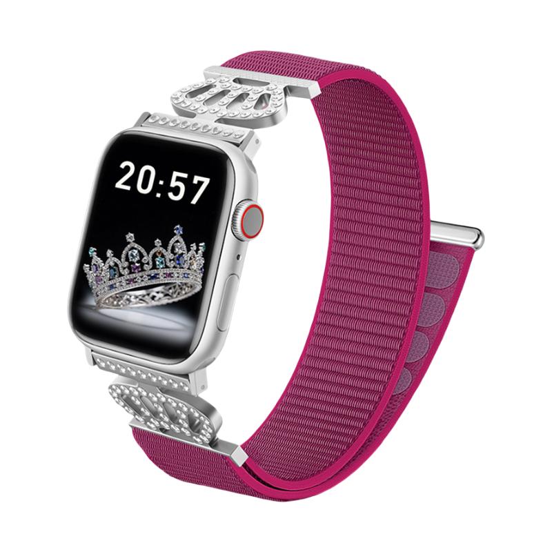 Bracelet en nylon élastique pour Apple Watch, connecteurs en acier inoxydable avec motif couronne serti de cristaux, ajustable et léger, modèle Irène