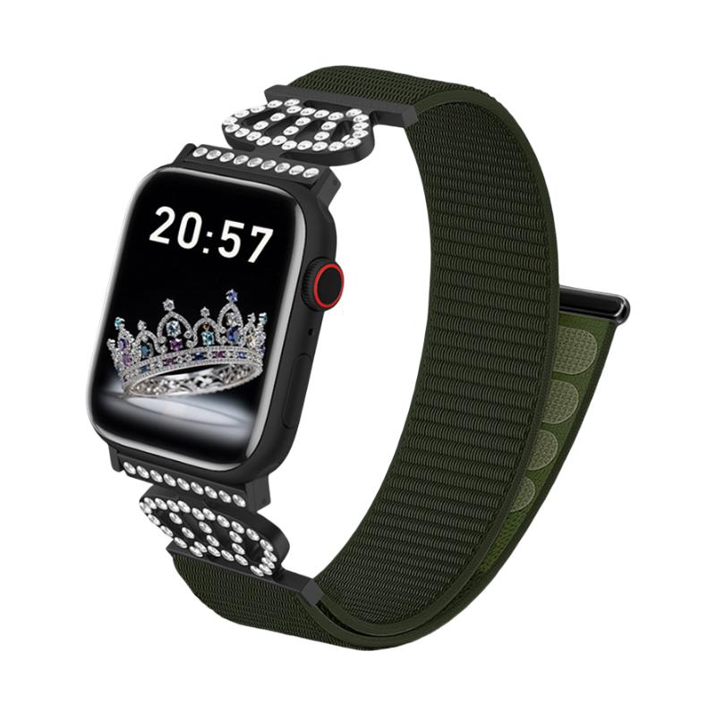 Bracelet en nylon élastique pour Apple Watch, connecteurs en acier inoxydable avec motif couronne serti de cristaux, ajustable et léger, modèle Irène