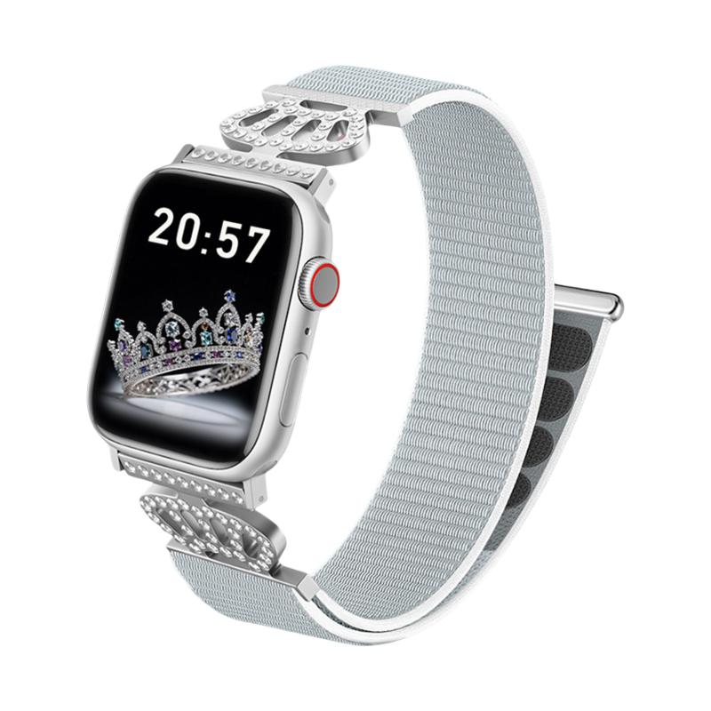 Bracelet en nylon élastique pour Apple Watch, connecteurs en acier inoxydable avec motif couronne serti de cristaux, ajustable et léger, modèle Irène