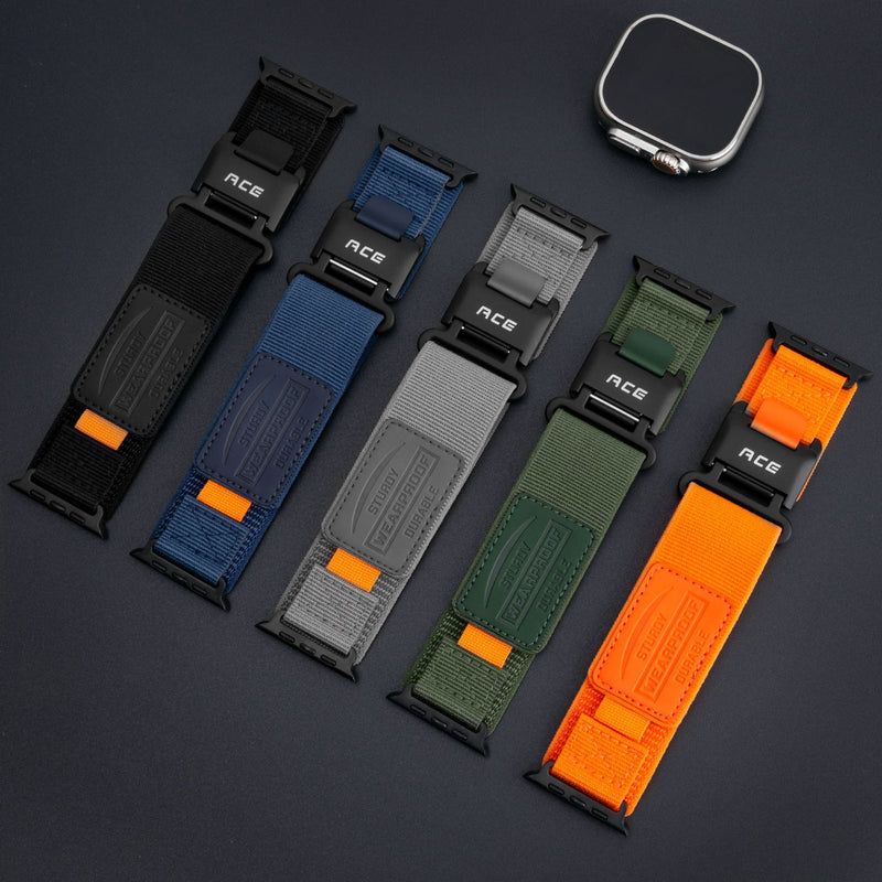 Bracelets en nylon magnétique pour Apple Watch, couleurs noire, bleue, grise, verte et orange, avec fermoir réglable et.