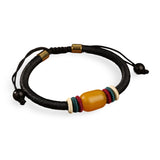 Bracelet mixte noir en nylon avec pierre d'ambre jaune et perles colorées sur cordon réglable.