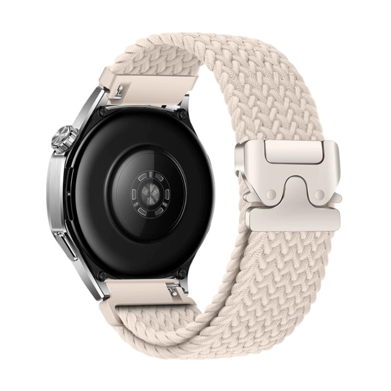 Bracelet nylon tissé beige clair avec boucle tactique acier pour Huawei Watch modèle Almar, vue arrière.