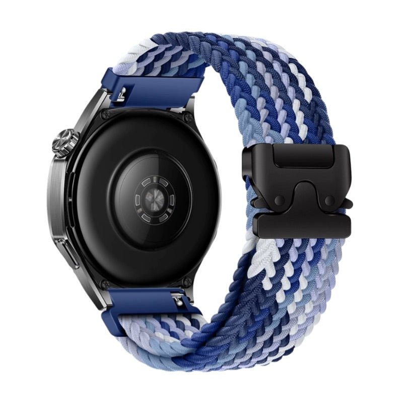 Bracelet nylon tissé bleu et blanc avec boucle tactique noire pour montre Huawei.