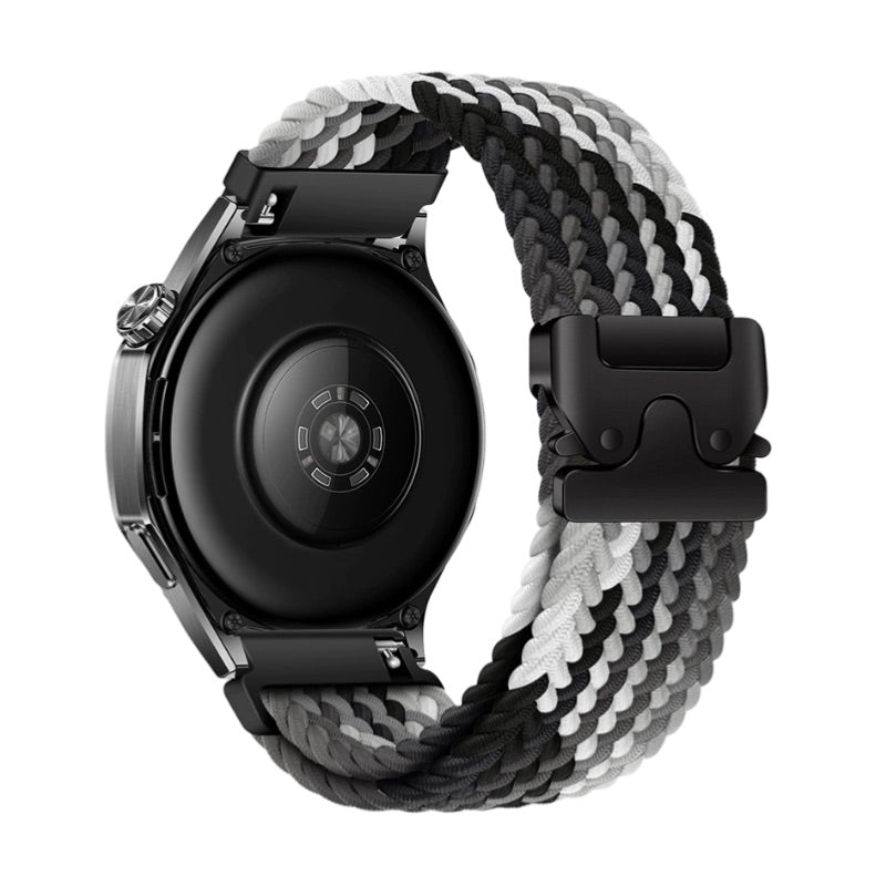Bracelet nylon tissé noir, gris et blanc avec boucle tactique noire pour montre Huawei Almar.