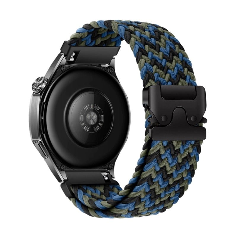 Bracelet nylon tissé bleu et vert, boucle tactique noire compatible Huawei Watch Almar.