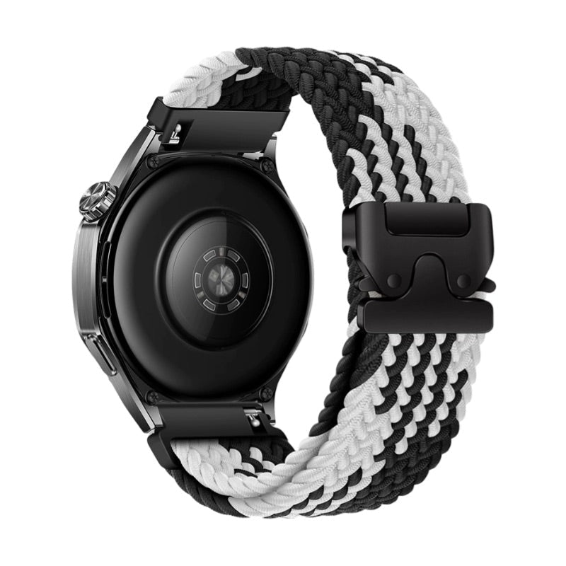 Bracelet nylon tissé noir et blanc avec boucle tactique pour Huawei Watch, modèle Almar.