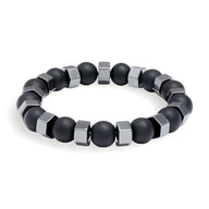 Bracelet homme noir en perles d'obsidienne mate et cubes en verre gris métallique.