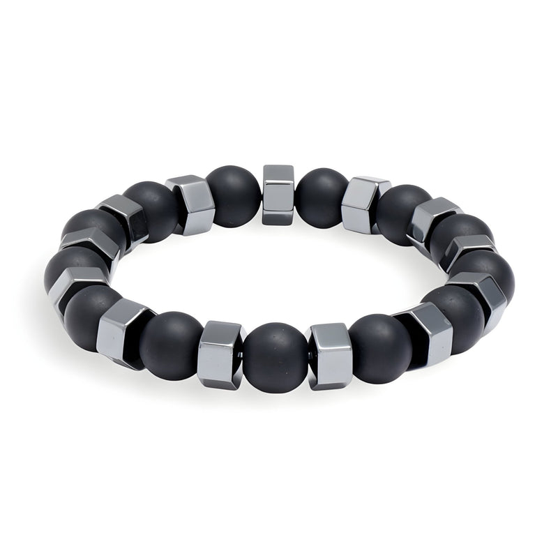 Bracelet homme noir en perles d'obsidienne mate et cubes en verre gris métallique.