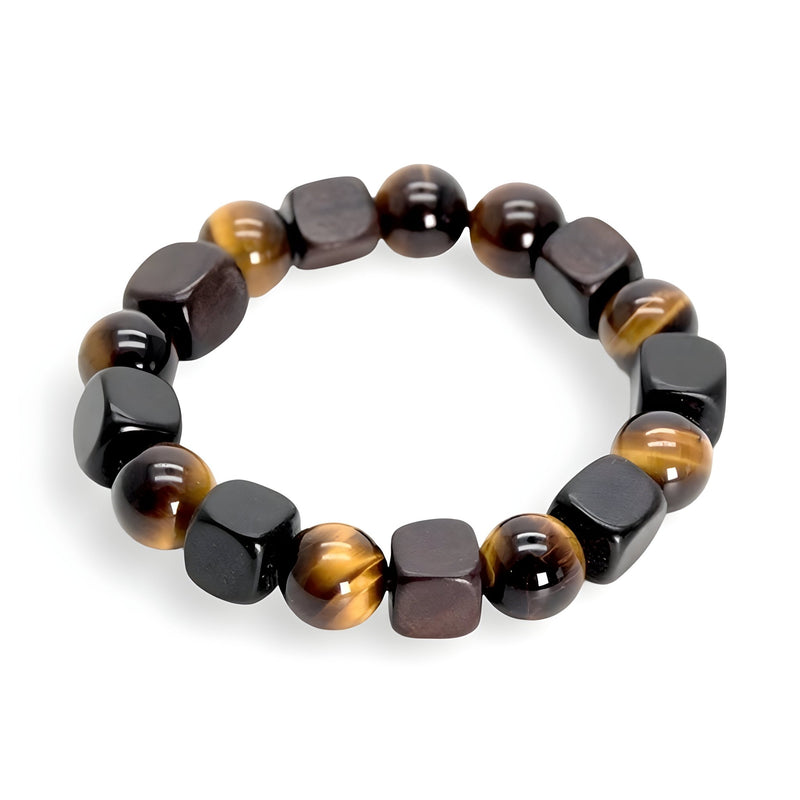 Bracelet mixte avec perles rondes en œil de tigre marron et cubes en bois d’ébène noir mat.