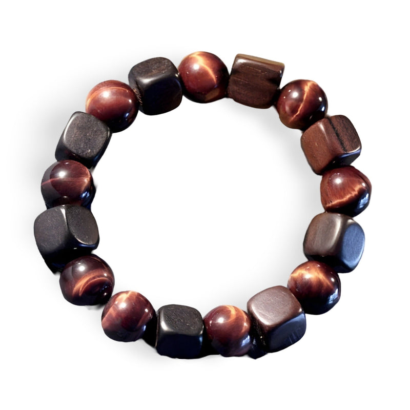 Bracelet mixte en perles rondes œil de tigre rouge et cubes en bois d'ébène noir mat.