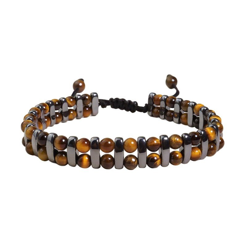 Armband aus natürlichem Tigerauge, polierte Perlen und Stahlabschlüsse, verstellbar mit geflochtenem Band, Modell Diaz