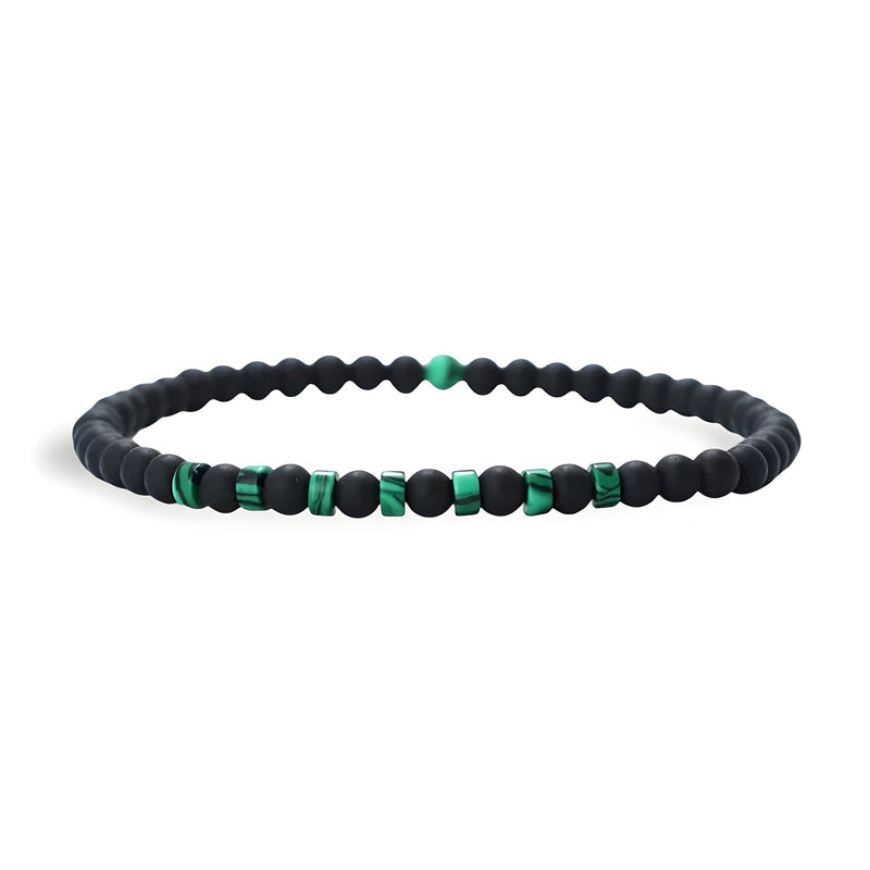 Bracelet fin pour homme en perles noires d'onyx mates et pierres vertes naturelles de malachite.