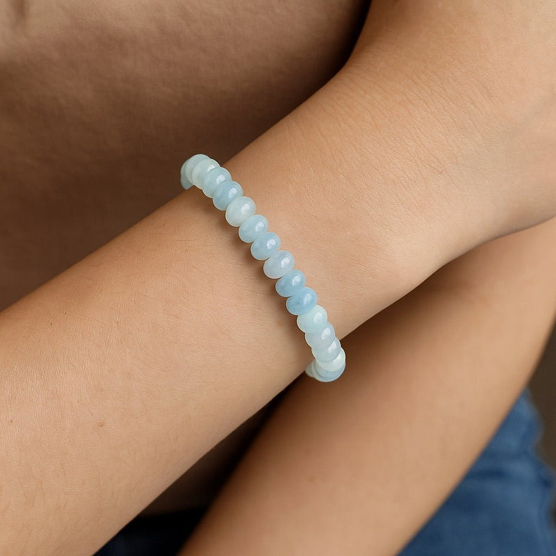Bracelet en opaline, pierre bleue translucide, perles rondes élastique scintillantes, modèle Aloka