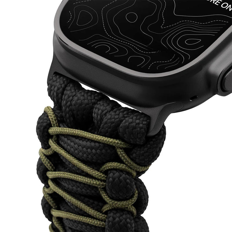 Bracelet en paracorde noir et kaki ajustable pour Apple Watch, style robuste et technique.