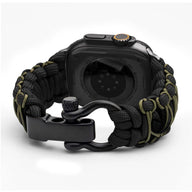 Bracelet en paracorde noir et kaki, boucle métal noire, pour Apple Watch, style robuste et ajustable.